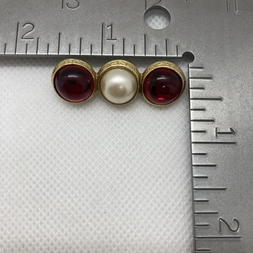 Vintage Lot of 3‎ Gold Tone Pin Brooch Organic Shapes Red Rhinestone Round